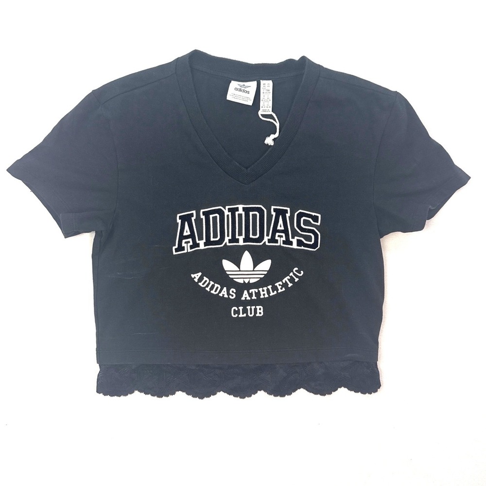 Adidas Athletic Club Black V-Neck Crop Top Lace Trim Women XS DA24951